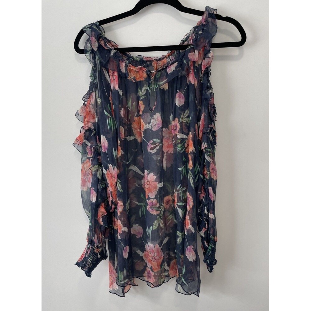 Johnny Was Love Navy Blue Floral Cold Shoulder Ruffle Silk Blouse Top Fairy Goth